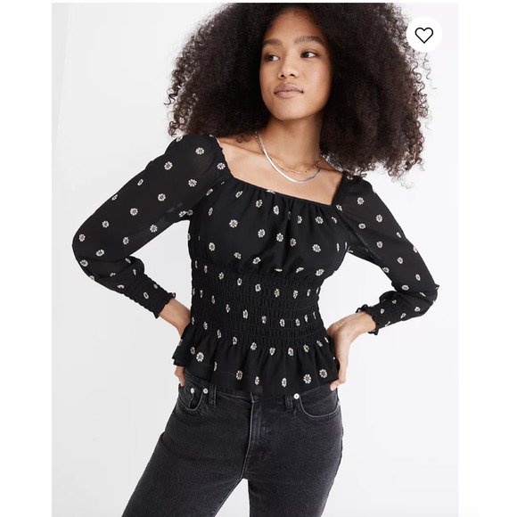 NWT Madewell Black Floral Print Square-Neck Smock-Waist Top - Picture 3 of 10